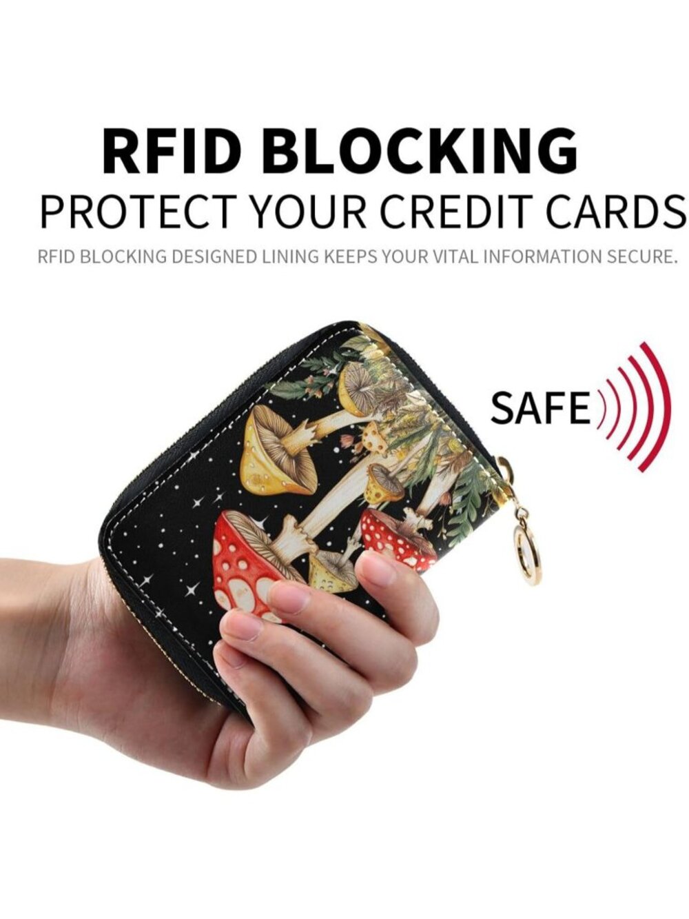 Women's Mushrooms RFID Leather Accordion Credit Card Holder Zipper Wallet - Picture 2 of 6